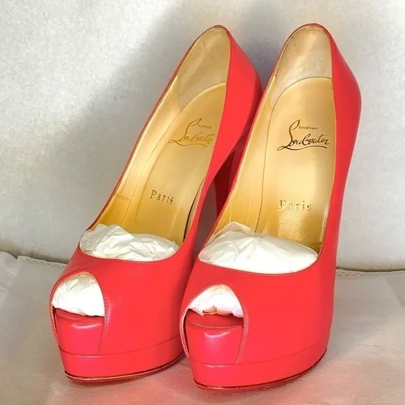 Christian Louboutin Lady Peep peep toe pump 150mm EU37 coral pink Napa kid lthr - Picture 6 of 16